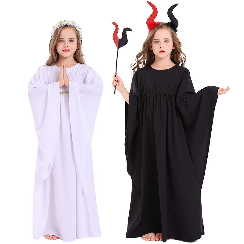 Halloween Girls' White Dress, Cape, Stage Costume, Demon Role-Playing Dress
