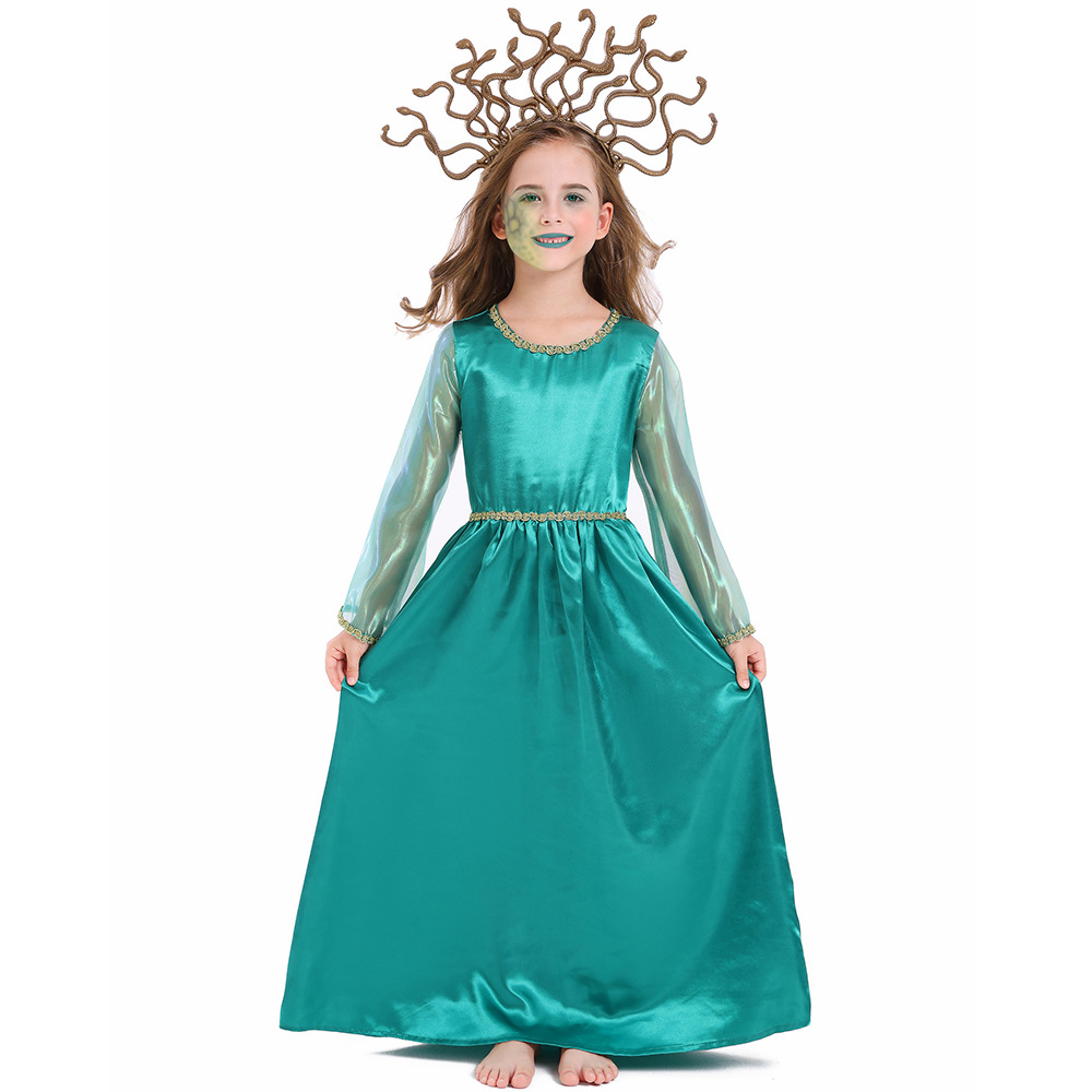 Halloween children's costume, Greek mythology blue Gorgon Medusa, Gorgon cosplay long dress