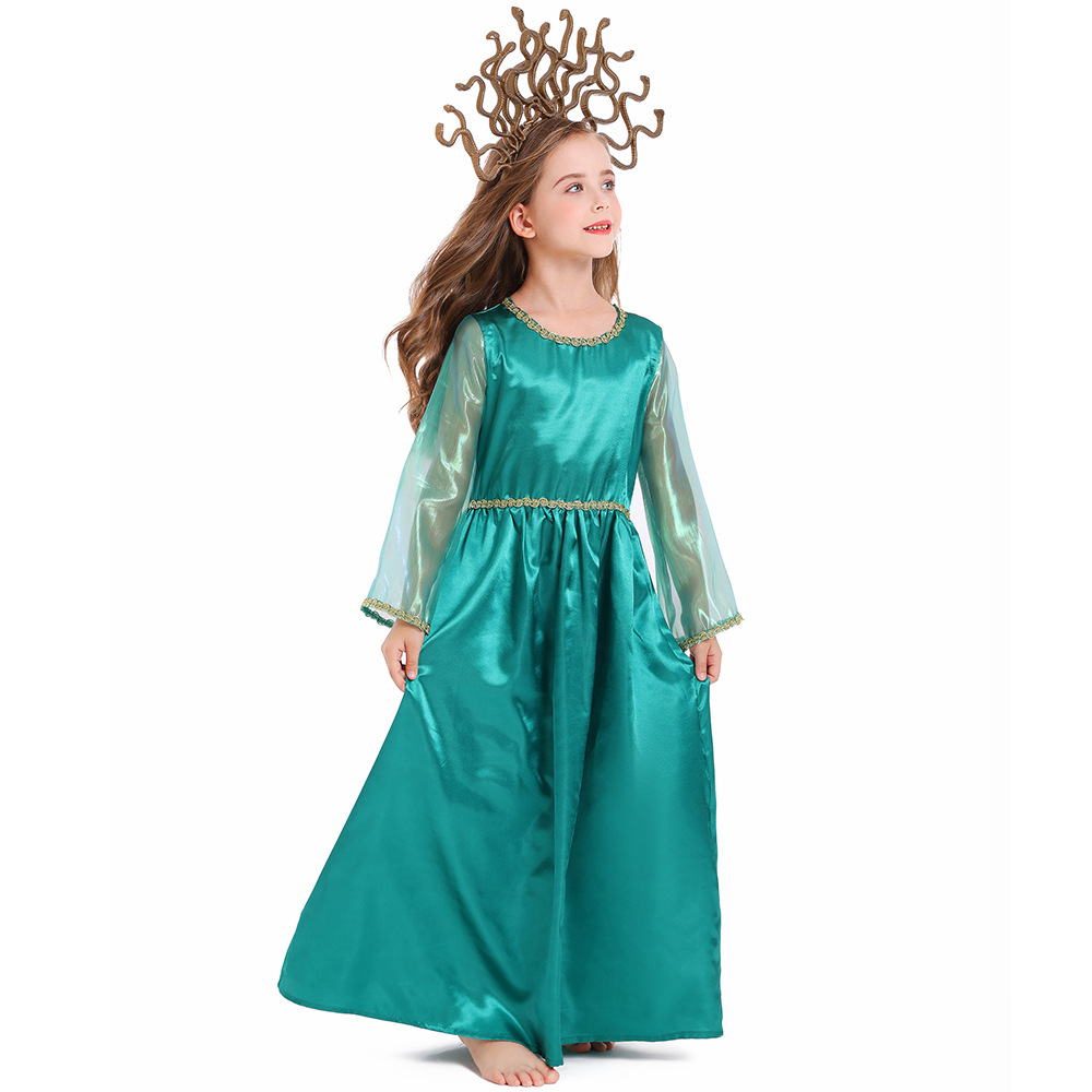 Halloween children's costume, Greek mythology blue Gorgon Medusa, Gorgon cosplay long dress