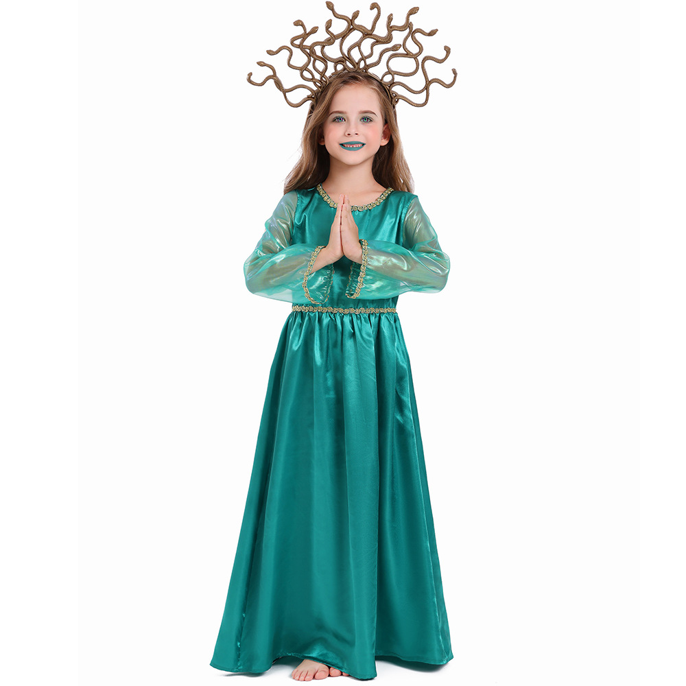 Halloween children's costume, Greek mythology blue Gorgon Medusa, Gorgon cosplay long dress