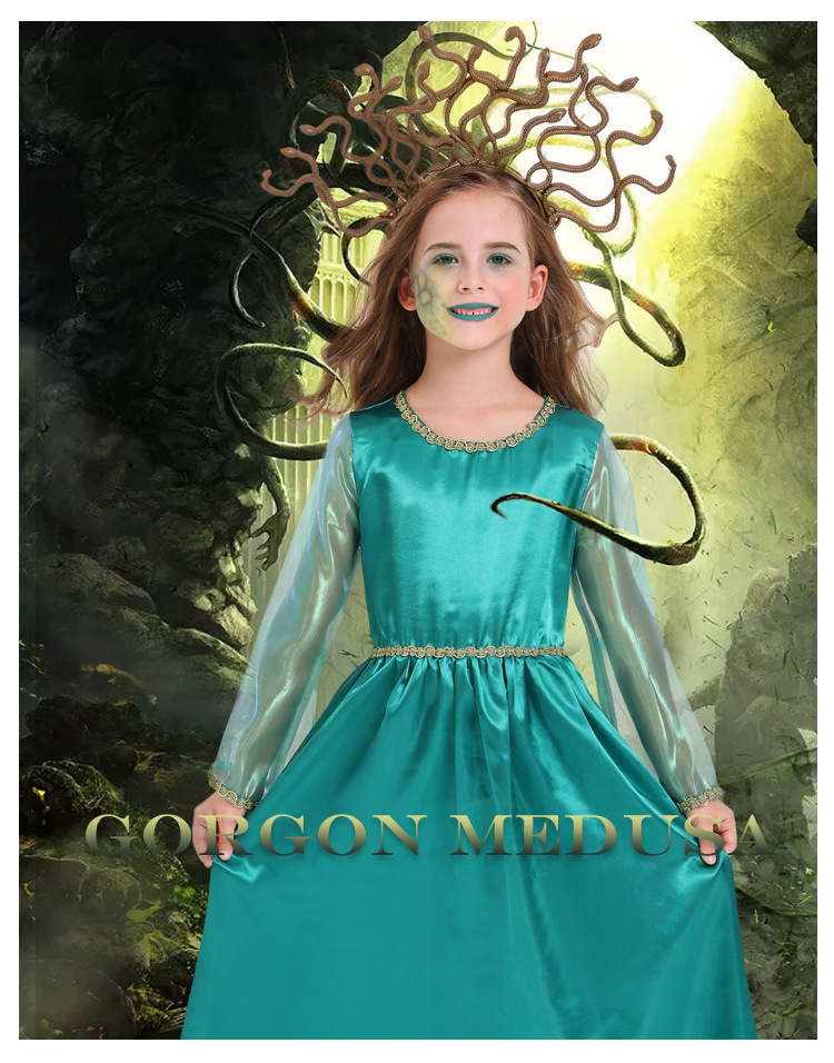 Halloween children's costume, Greek mythology blue Gorgon Medusa, Gorgon cosplay long dress