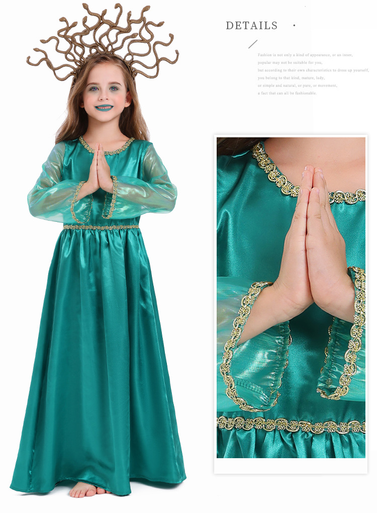 Halloween children's costume, Greek mythology blue Gorgon Medusa, Gorgon cosplay long dress