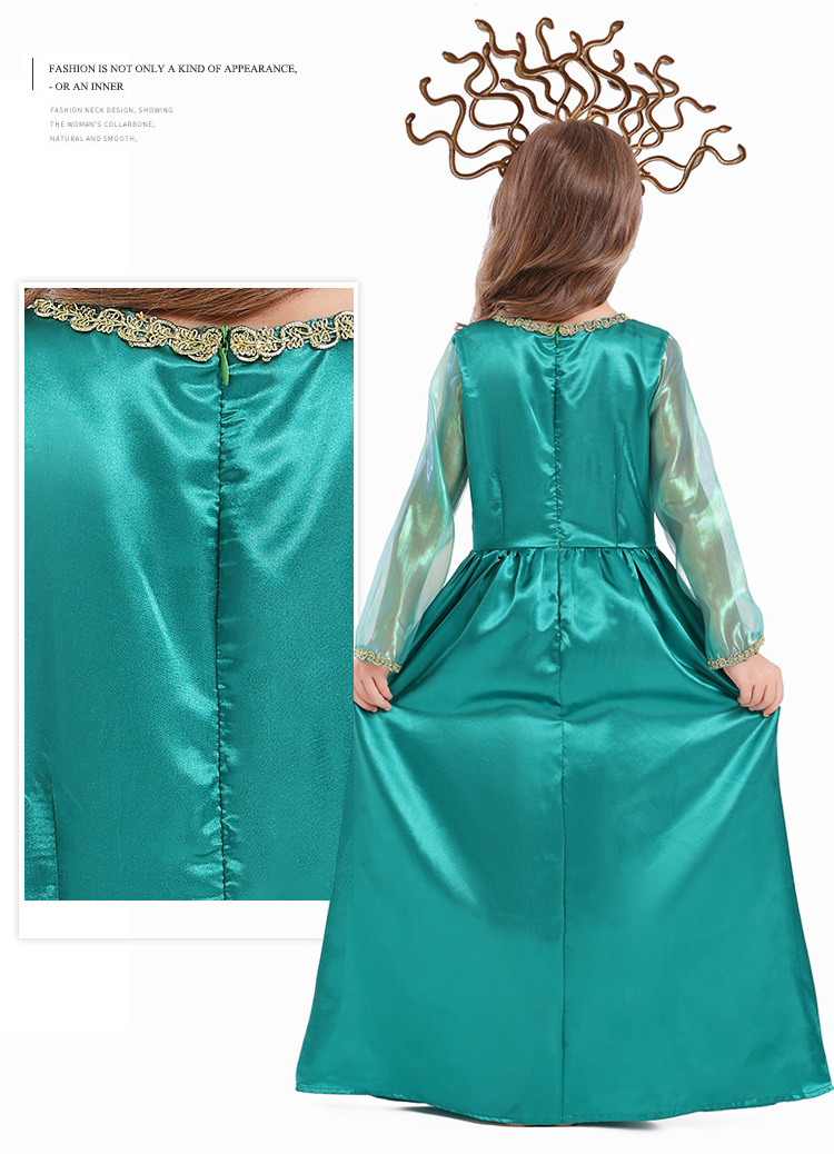 Halloween children's costume, Greek mythology blue Gorgon Medusa, Gorgon cosplay long dress