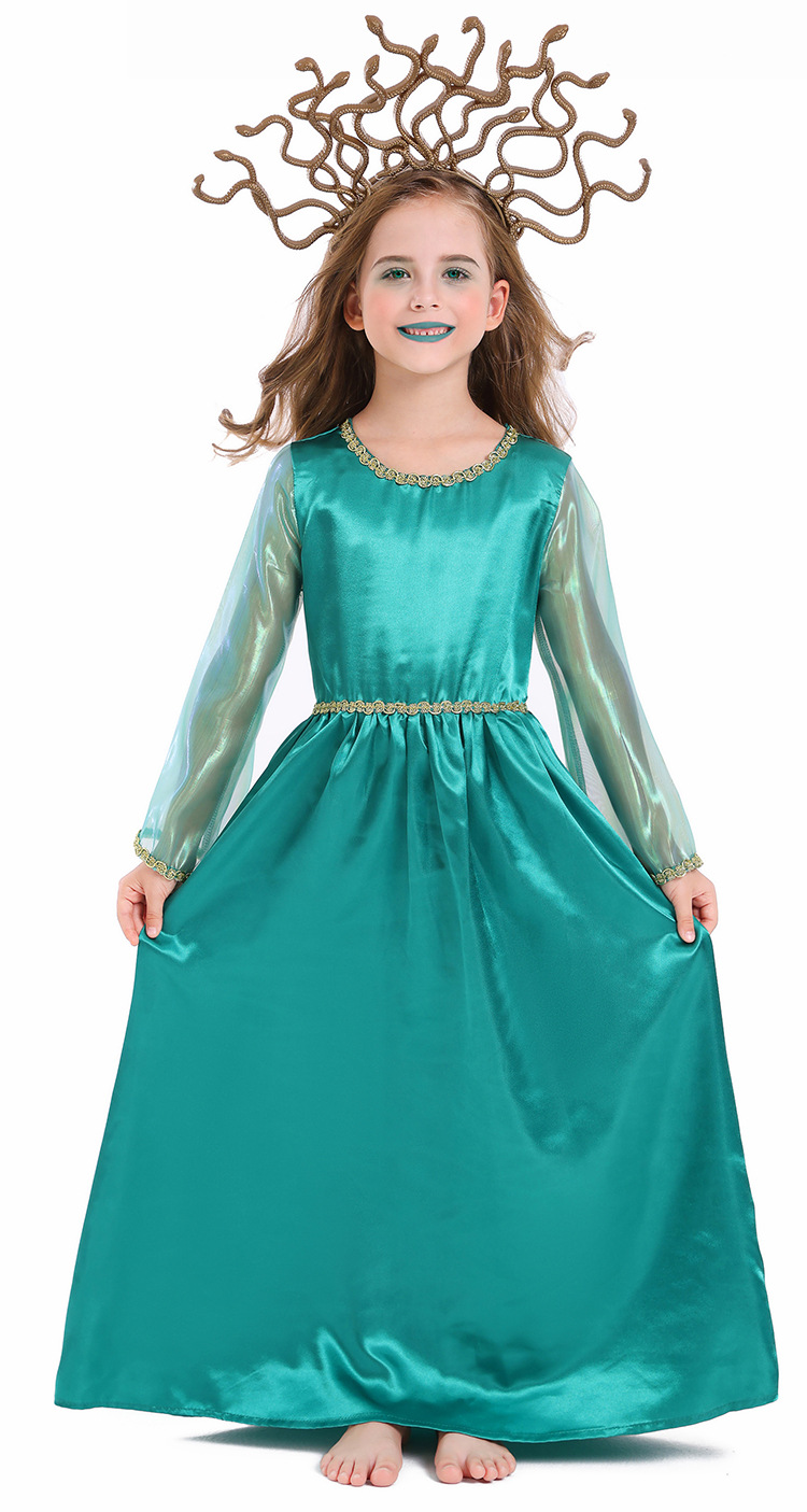 Halloween children's costume, Greek mythology blue Gorgon Medusa, Gorgon cosplay long dress