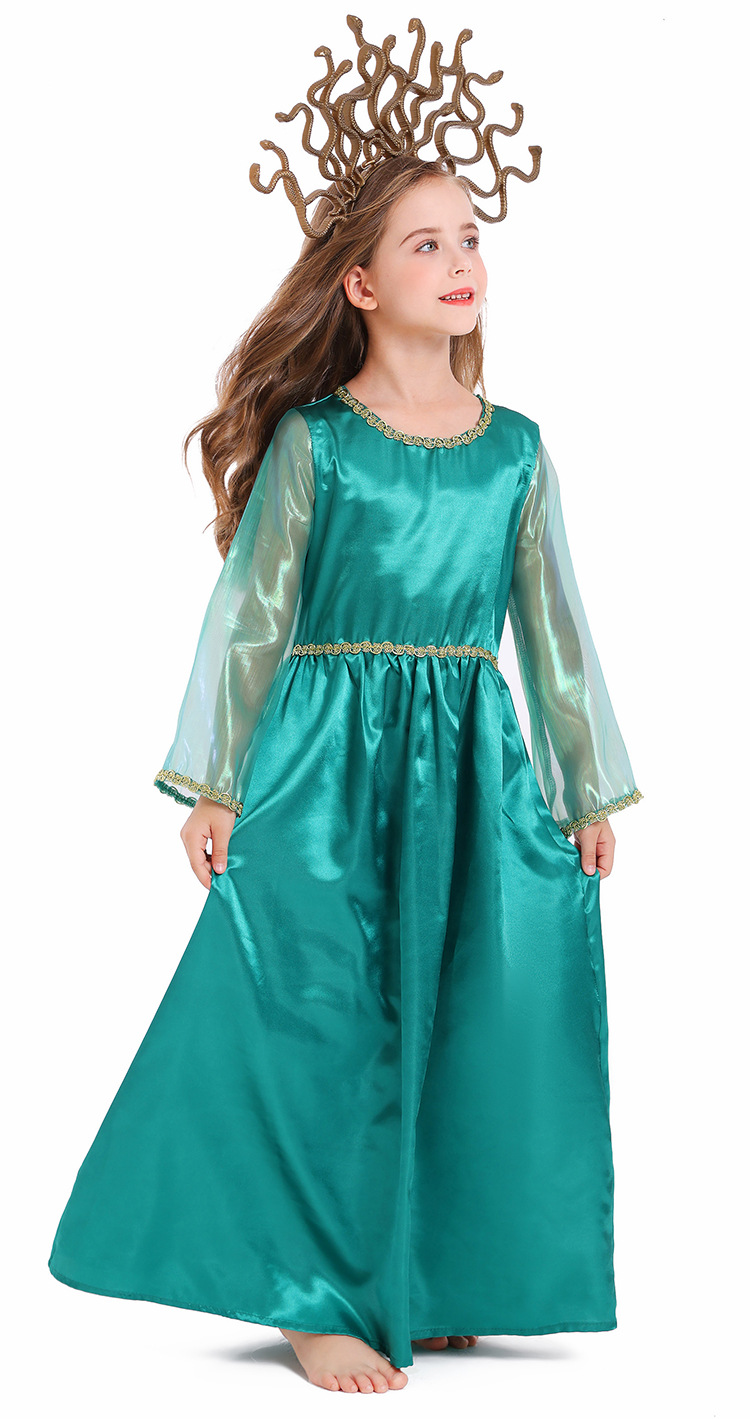 Halloween children's costume, Greek mythology blue Gorgon Medusa, Gorgon cosplay long dress