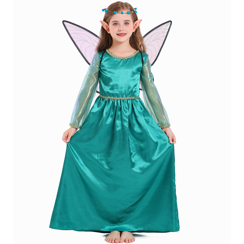 Halloween costume, green fairy elf art photo shoot cosplay long dress, forest flower fairy dress