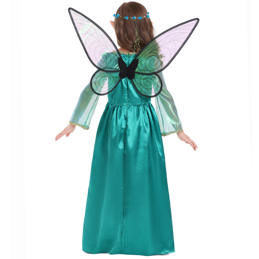 Halloween costume, green fairy elf art photo shoot cosplay long dress, forest flower fairy dress
