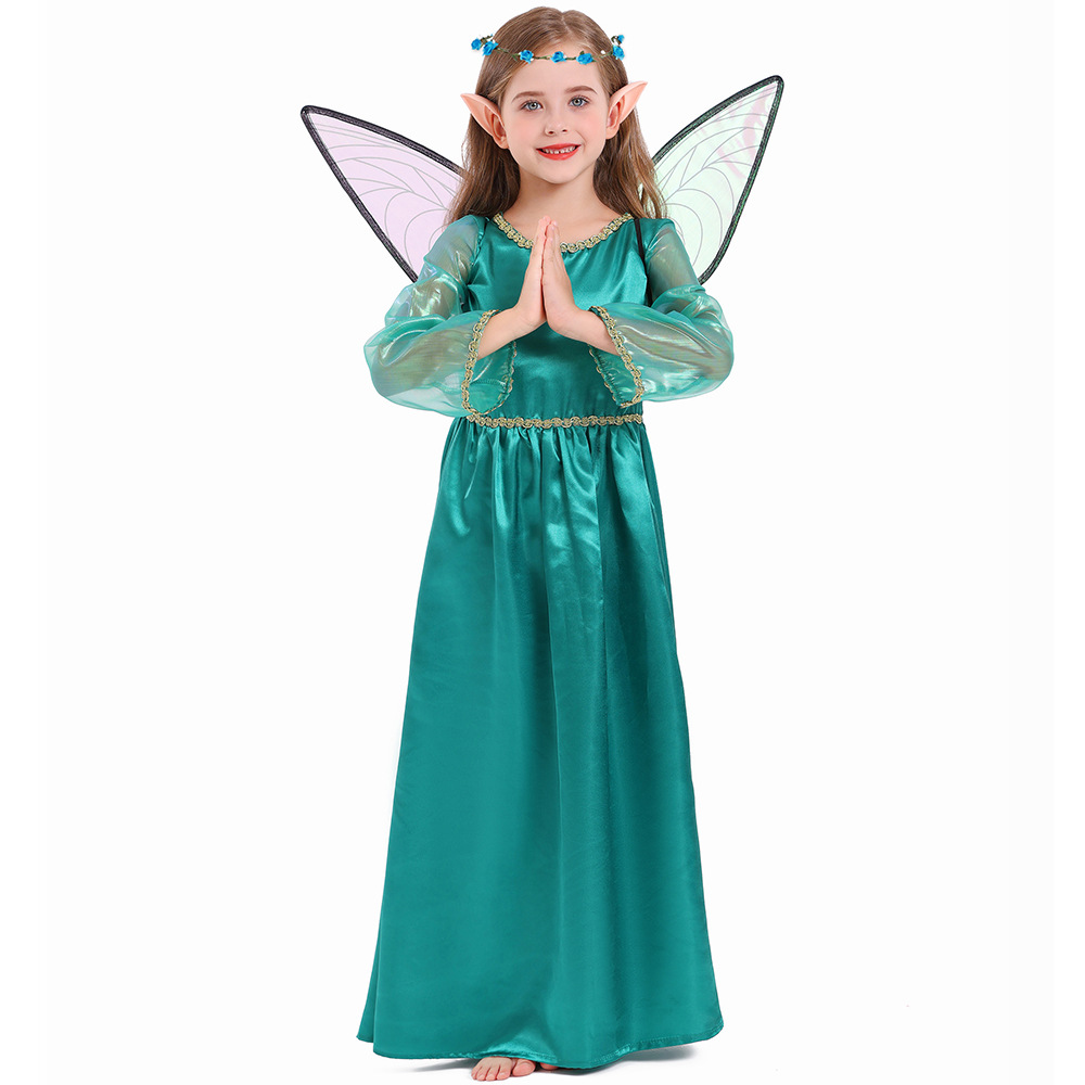 Halloween costume, green fairy elf art photo shoot cosplay long dress, forest flower fairy dress