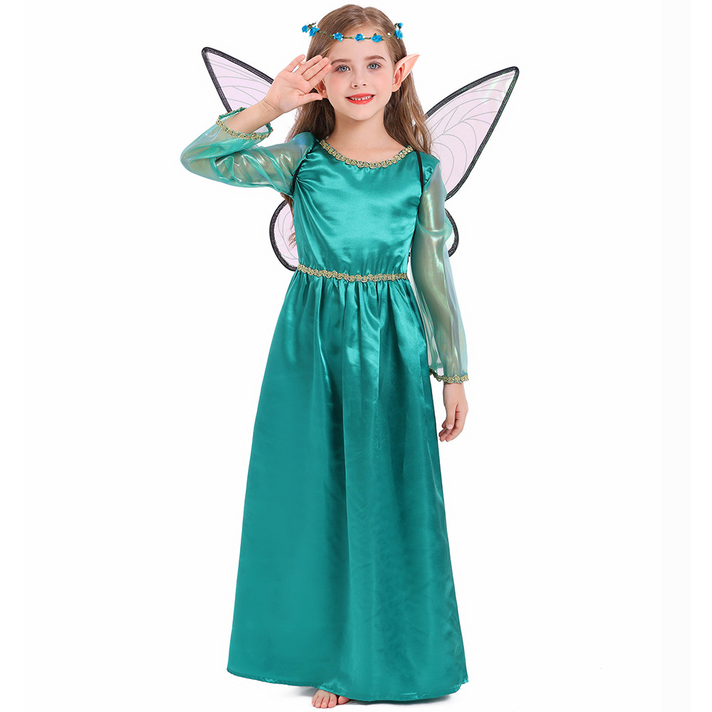 Halloween costume, green fairy elf art photo shoot cosplay long dress, forest flower fairy dress