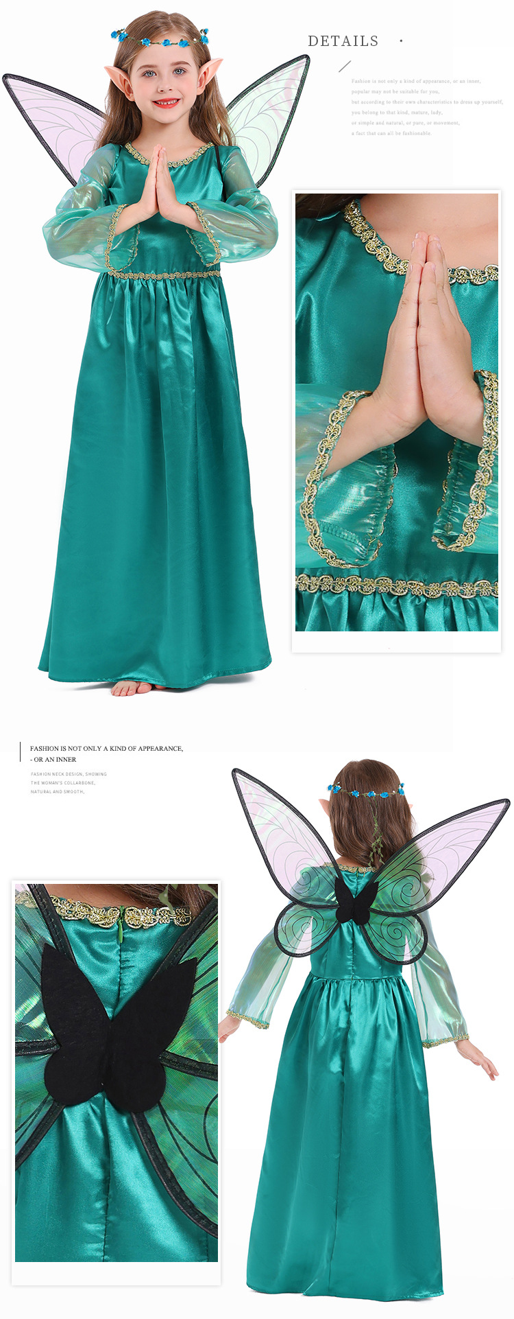 Halloween costume, green fairy elf art photo shoot cosplay long dress, forest flower fairy dress