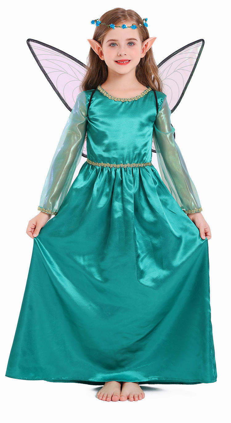 Halloween costume, green fairy elf art photo shoot cosplay long dress, forest flower fairy dress