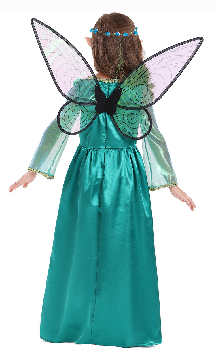 Halloween costume, green fairy elf art photo shoot cosplay long dress, forest flower fairy dress