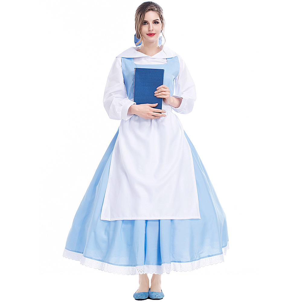 Halloween costume Belle art photo shoot, blue and white anime cartoon character maid Cinderella dress