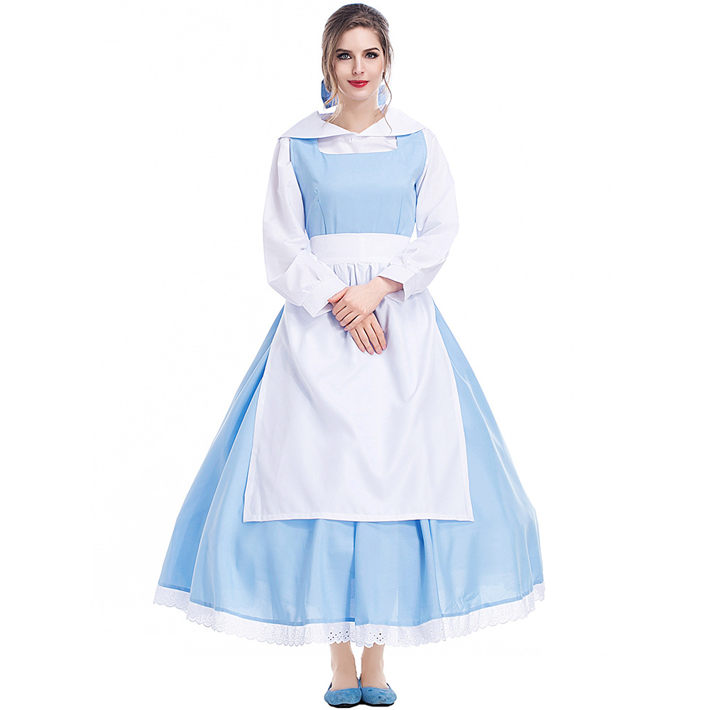 Halloween costume Belle art photo shoot, blue and white anime cartoon character maid Cinderella dress