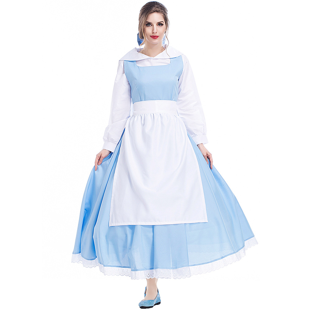 Halloween costume Belle art photo shoot, blue and white anime cartoon character maid Cinderella dress