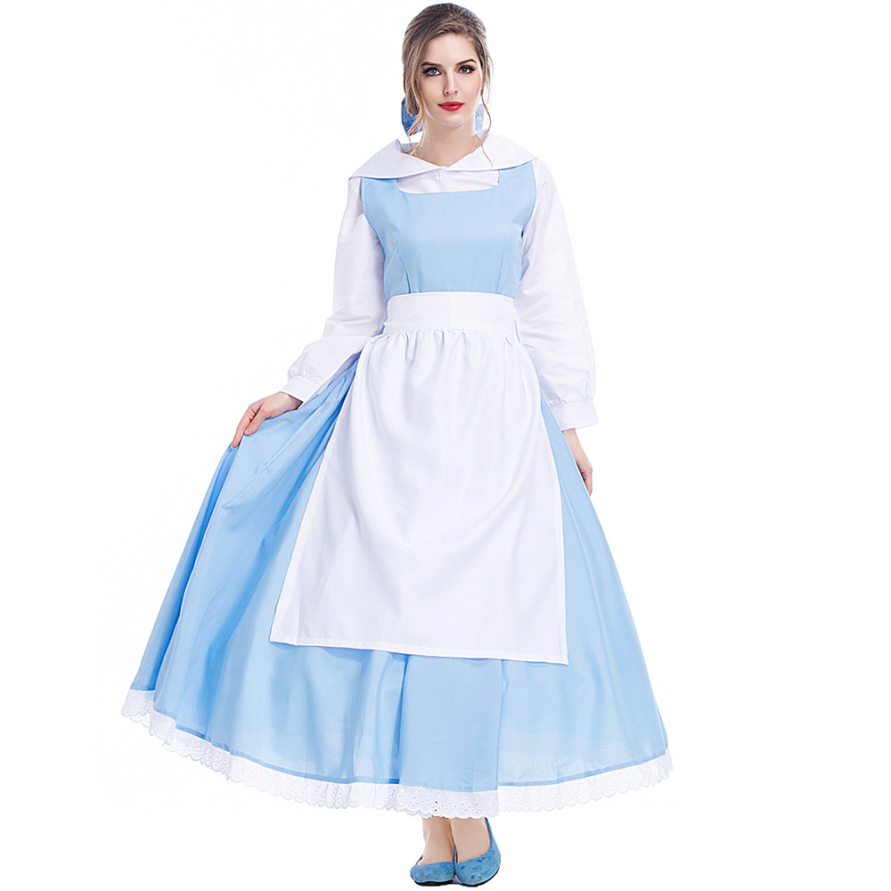 Halloween costume Belle art photo shoot, blue and white anime cartoon character maid Cinderella dress
