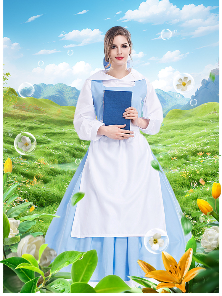 Halloween costume Belle art photo shoot, blue and white anime cartoon character maid Cinderella dress