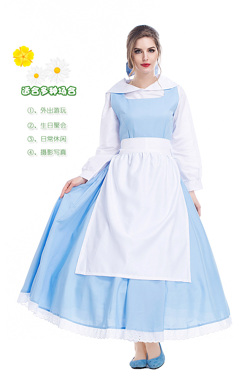 Halloween costume Belle art photo shoot, blue and white anime cartoon character maid Cinderella dress