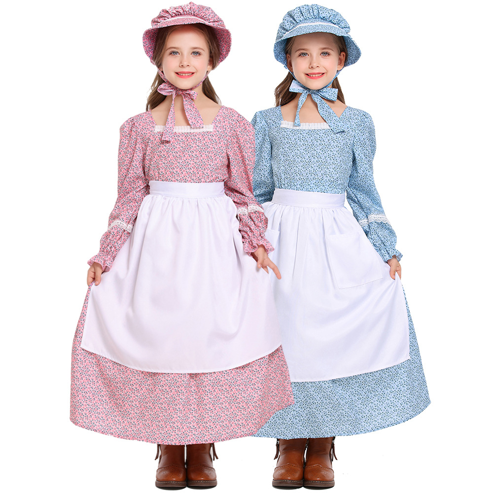 Pink and blue floral print colonial girl prairie pioneer pioneer outfit pastoral style long dress
