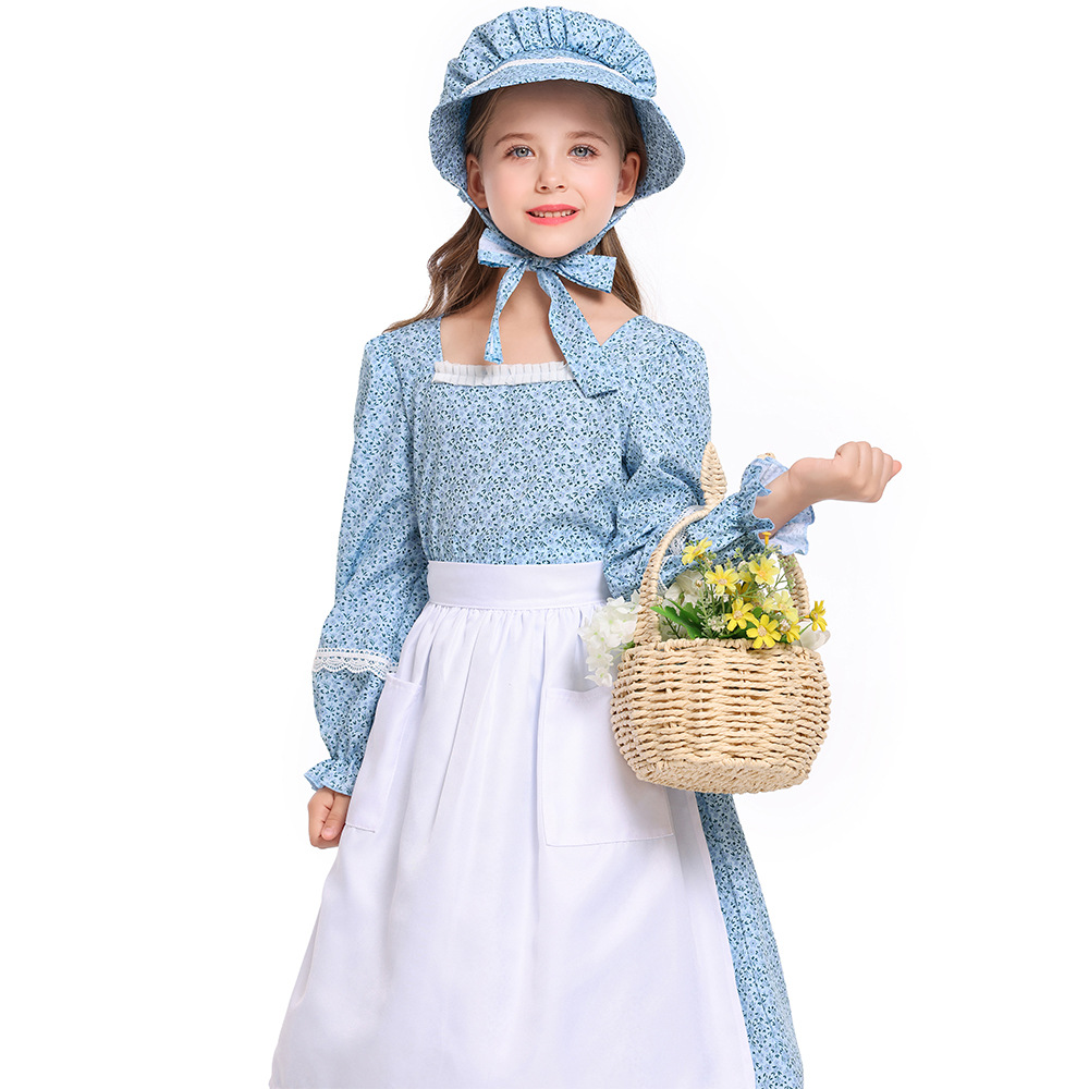 Pink and blue floral print colonial girl prairie pioneer pioneer outfit pastoral style long dress