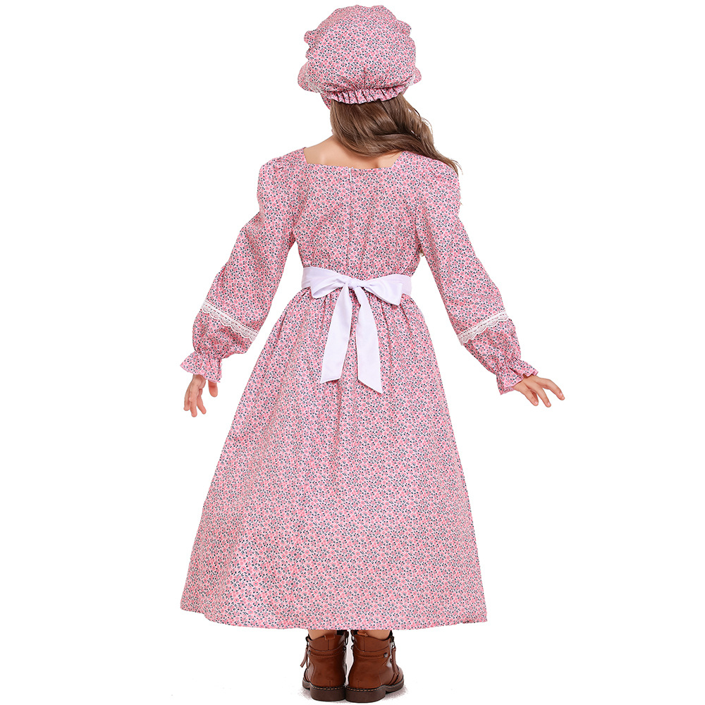 Pink and blue floral print colonial girl prairie pioneer pioneer outfit pastoral style long dress