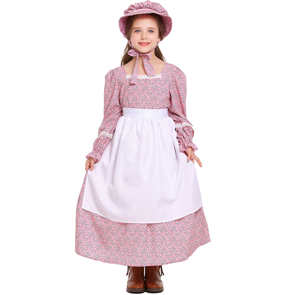 Pink and blue floral print colonial girl prairie pioneer pioneer outfit pastoral style long dress