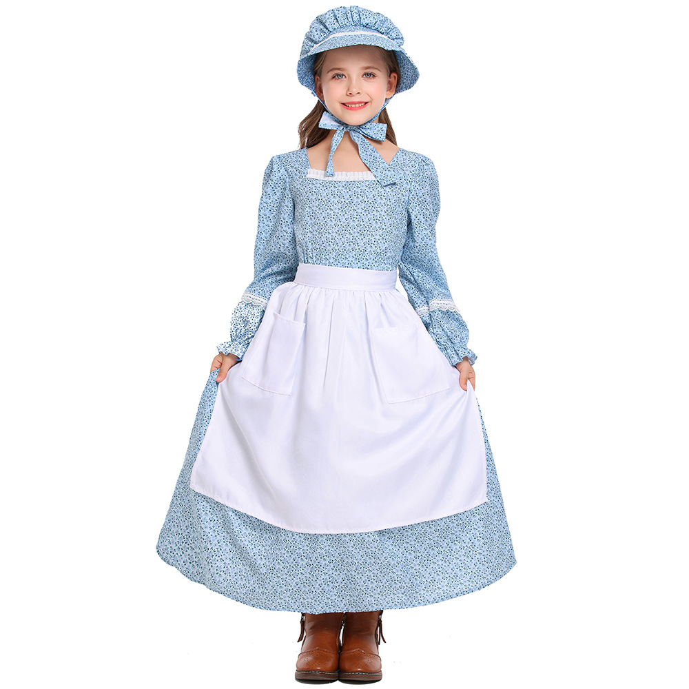 Pink and blue floral print colonial girl prairie pioneer pioneer outfit pastoral style long dress