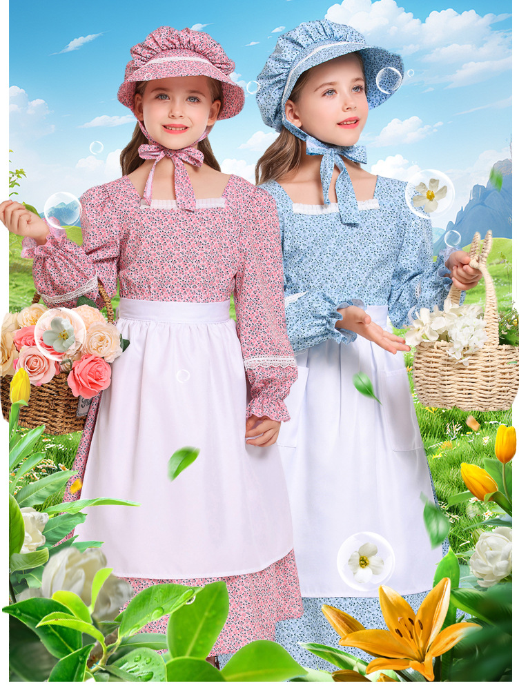 Pink and blue floral print colonial girl prairie pioneer pioneer outfit pastoral style long dress
