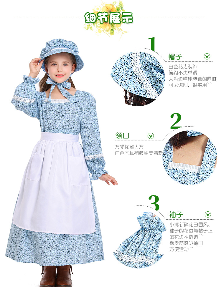 Pink and blue floral print colonial girl prairie pioneer pioneer outfit pastoral style long dress