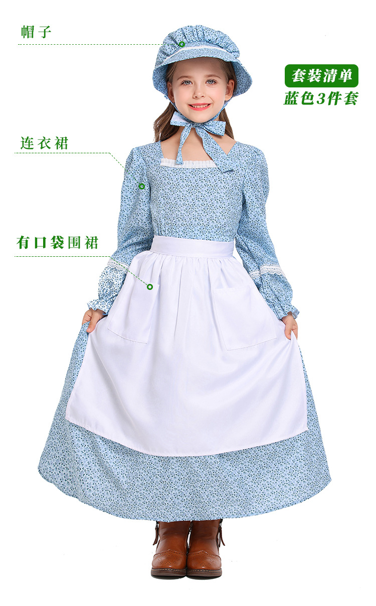 Pink and blue floral print colonial girl prairie pioneer pioneer outfit pastoral style long dress