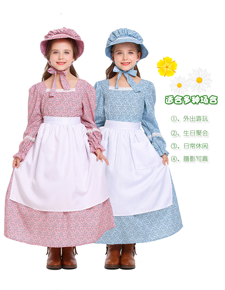 Pink and blue floral print colonial girl prairie pioneer pioneer outfit pastoral style long dress