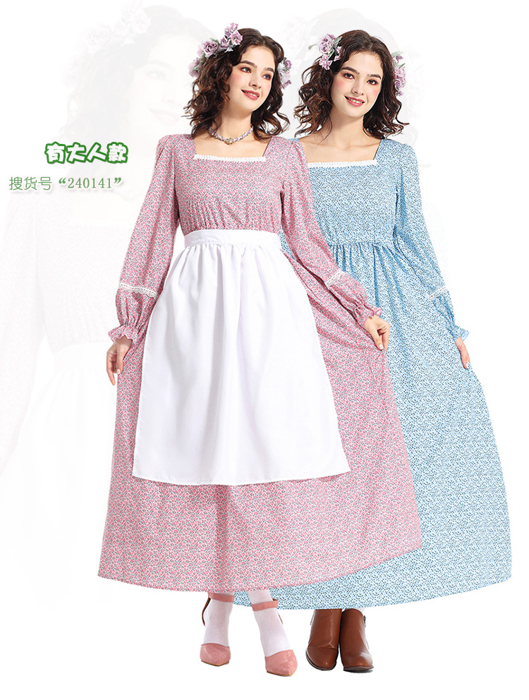 Pink and blue floral print colonial girl prairie pioneer pioneer outfit pastoral style long dress