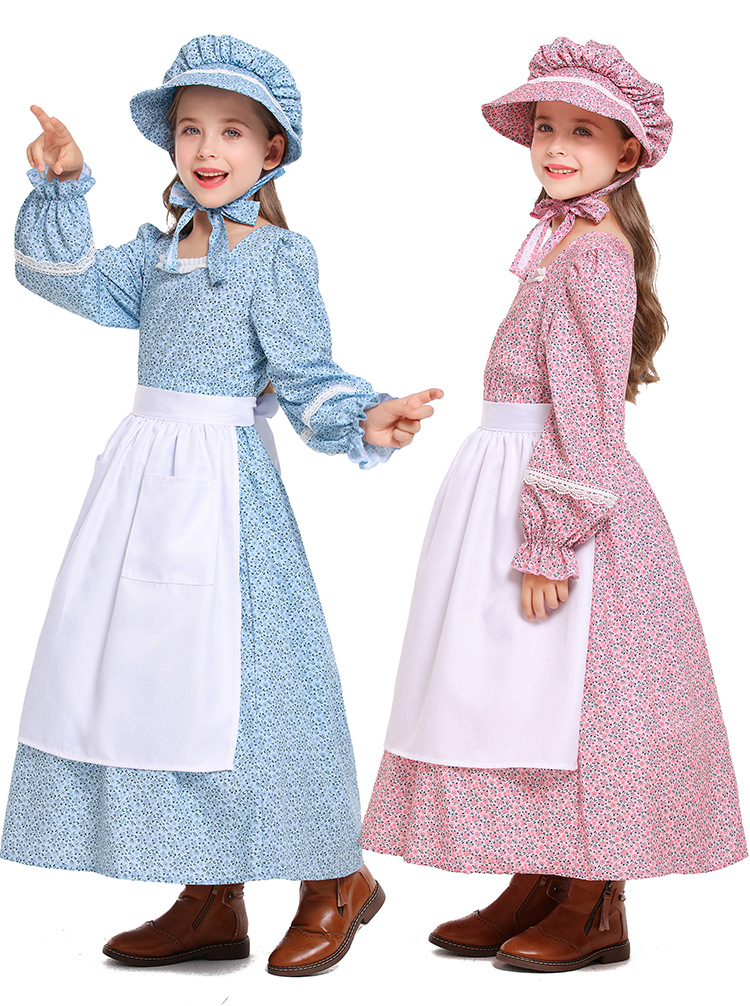 Pink and blue floral print colonial girl prairie pioneer pioneer outfit pastoral style long dress
