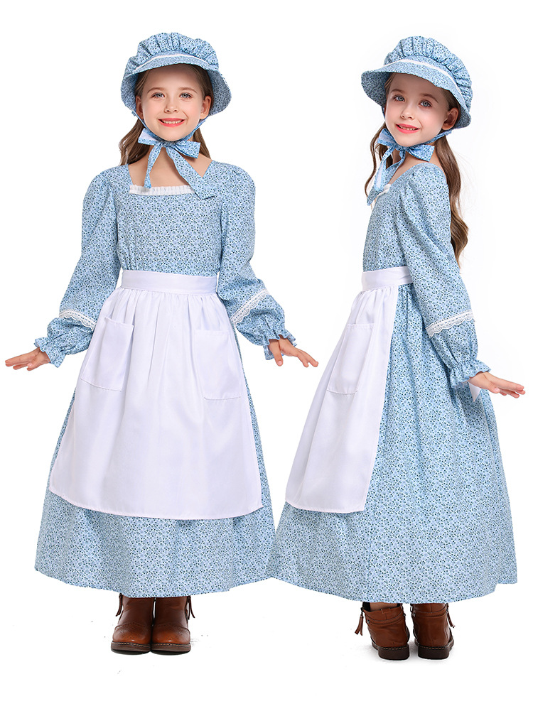 Pink and blue floral print colonial girl prairie pioneer pioneer outfit pastoral style long dress