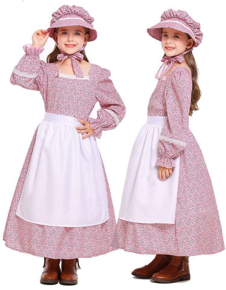 Pink and blue floral print colonial girl prairie pioneer pioneer outfit pastoral style long dress