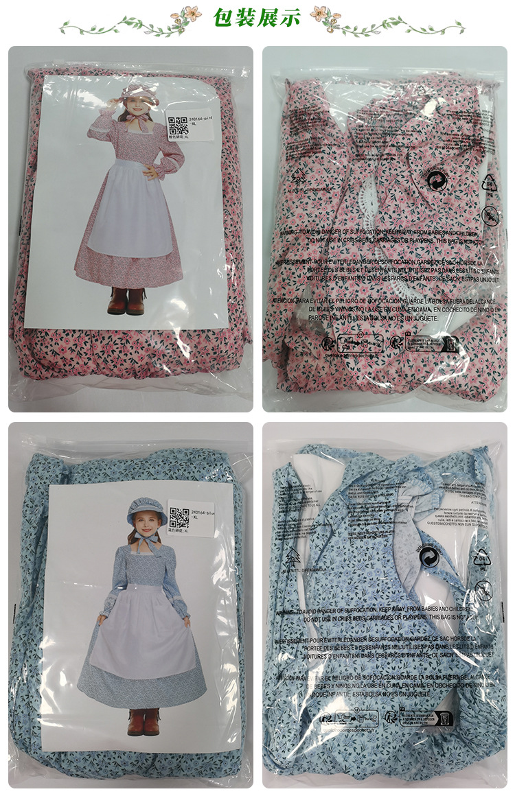 Pink and blue floral print colonial girl prairie pioneer pioneer outfit pastoral style long dress