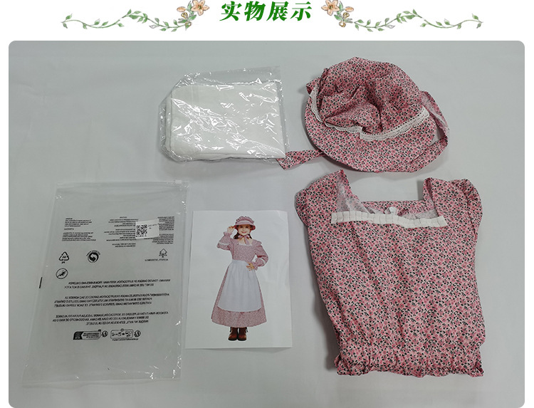 Pink and blue floral print colonial girl prairie pioneer pioneer outfit pastoral style long dress
