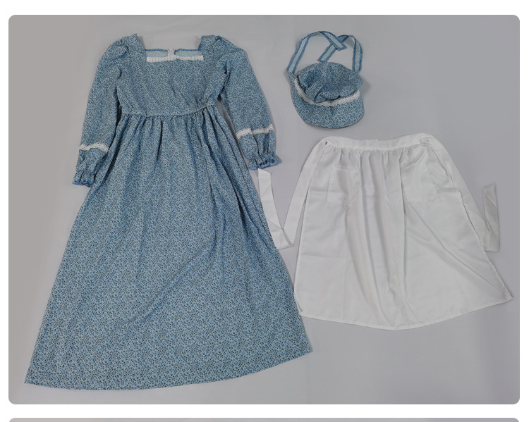 Pink and blue floral print colonial girl prairie pioneer pioneer outfit pastoral style long dress