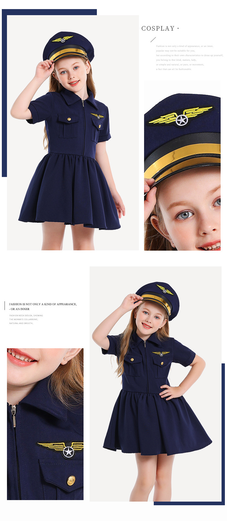 Dark blue pilot dress for girls to cosplay career experience.