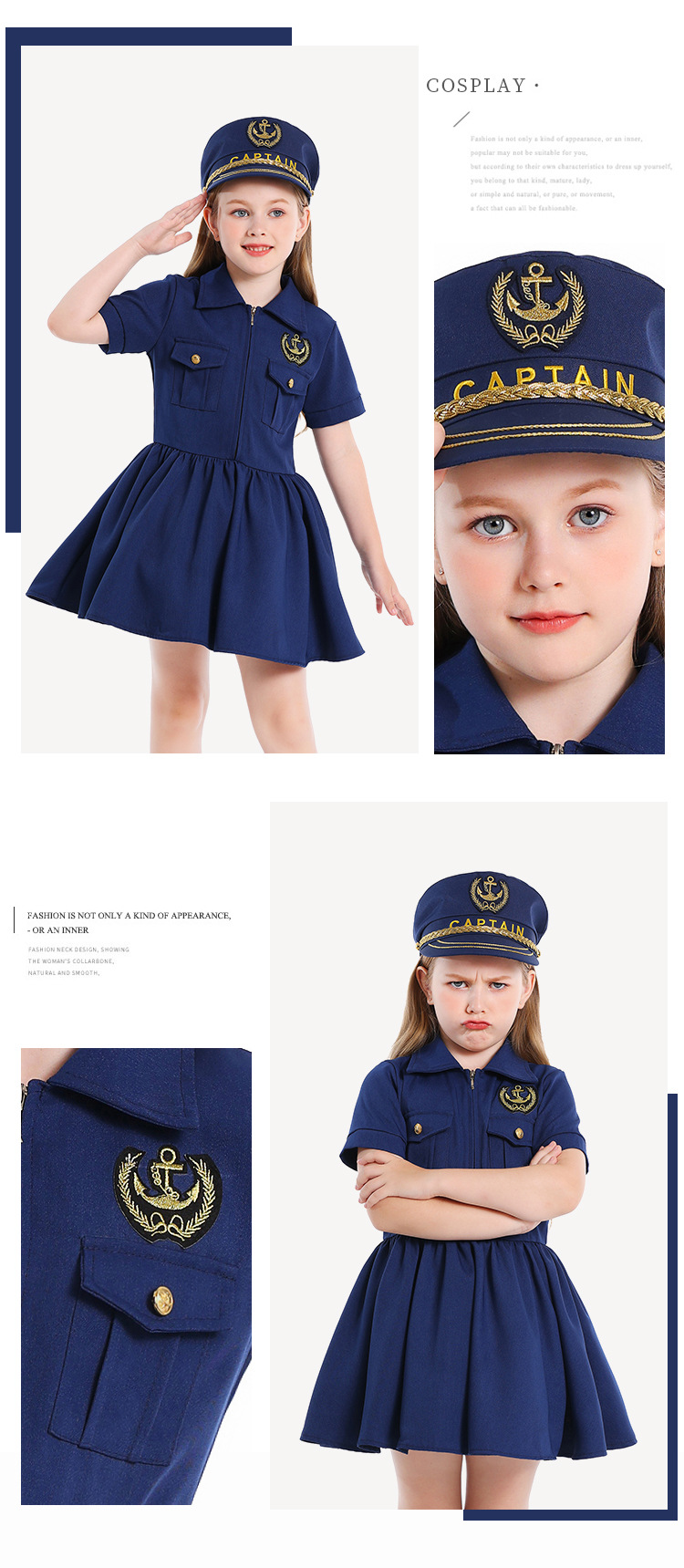 Navy blue captain's dress for girls' cosplay role-playing experience