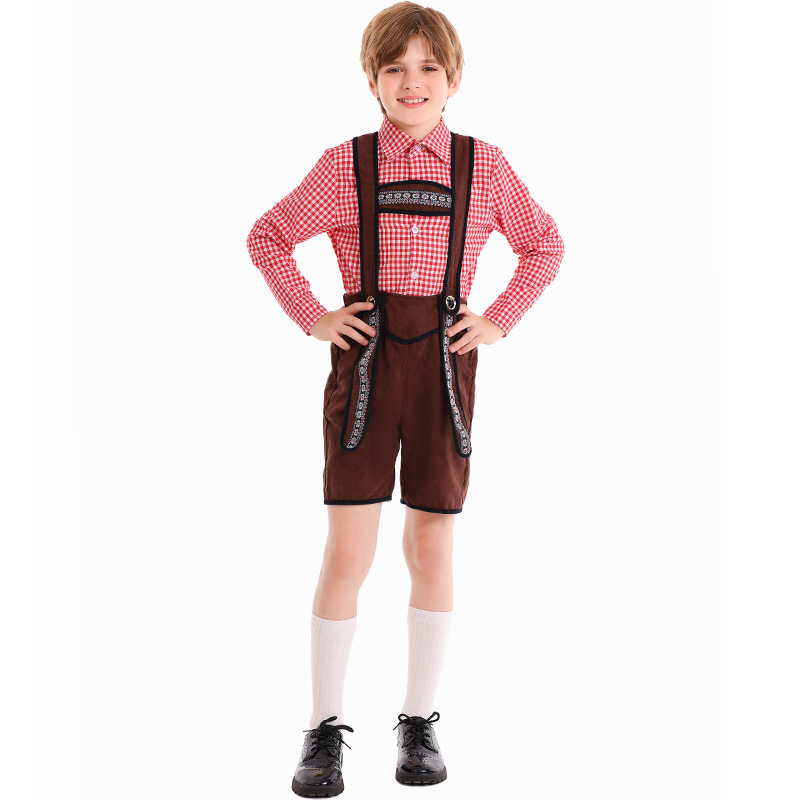 German traditional beer festival children's costumes school art performance red plaid overalls ethnic boy costumes