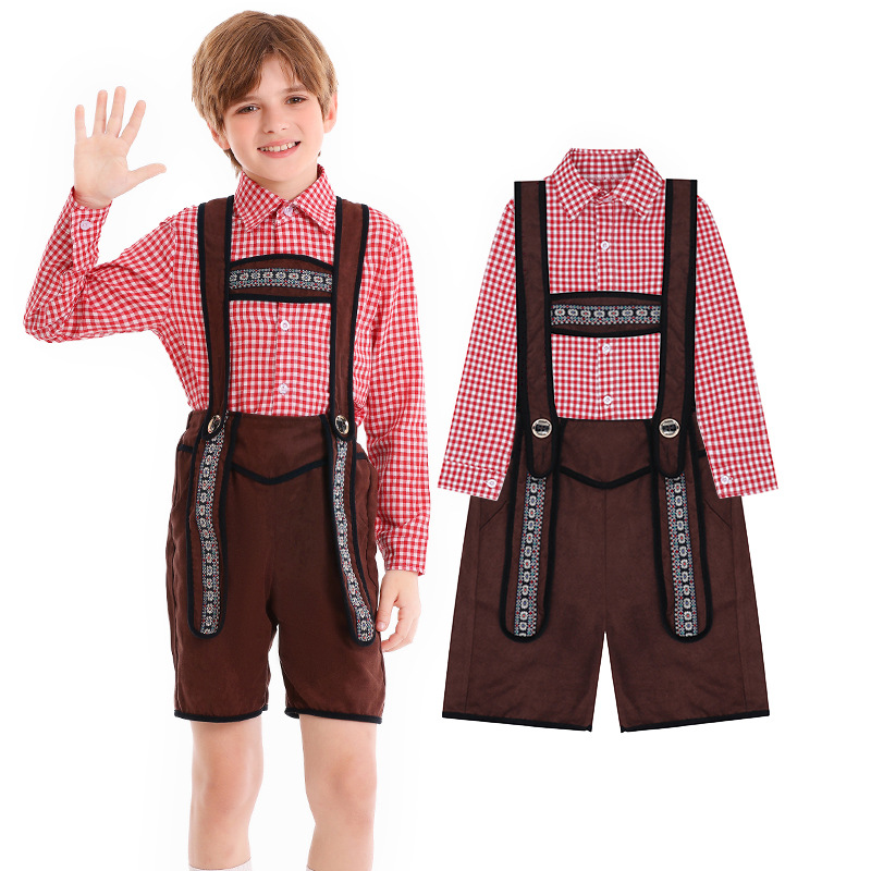 German traditional beer festival children's costumes school art performance red plaid overalls ethnic boy costumes