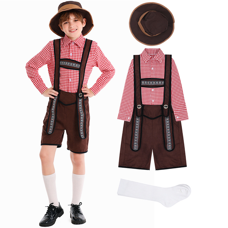 German traditional beer festival children's costumes school art performance red plaid overalls ethnic boy costumes
