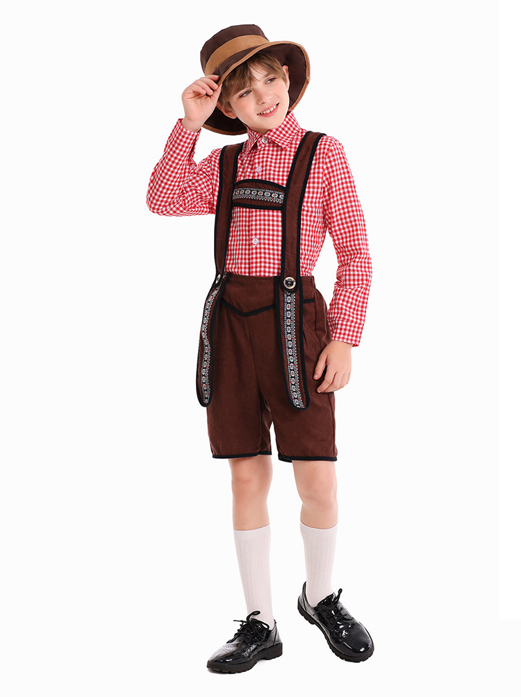German traditional beer festival children's costumes school art performance red plaid overalls ethnic boy costumes