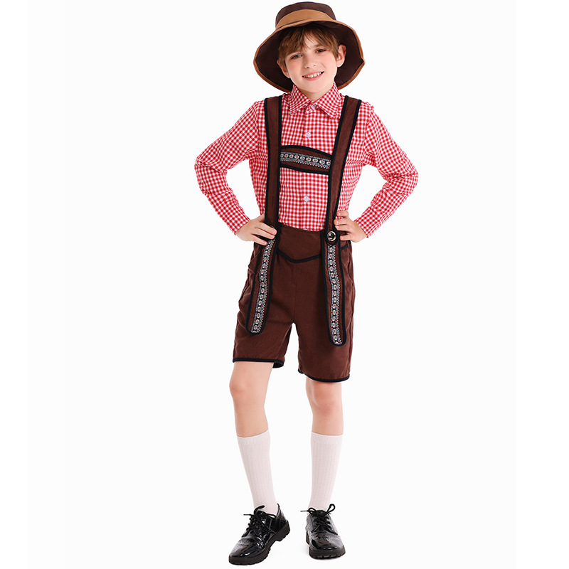German traditional beer festival children's costumes school art performance red plaid overalls ethnic boy costumes
