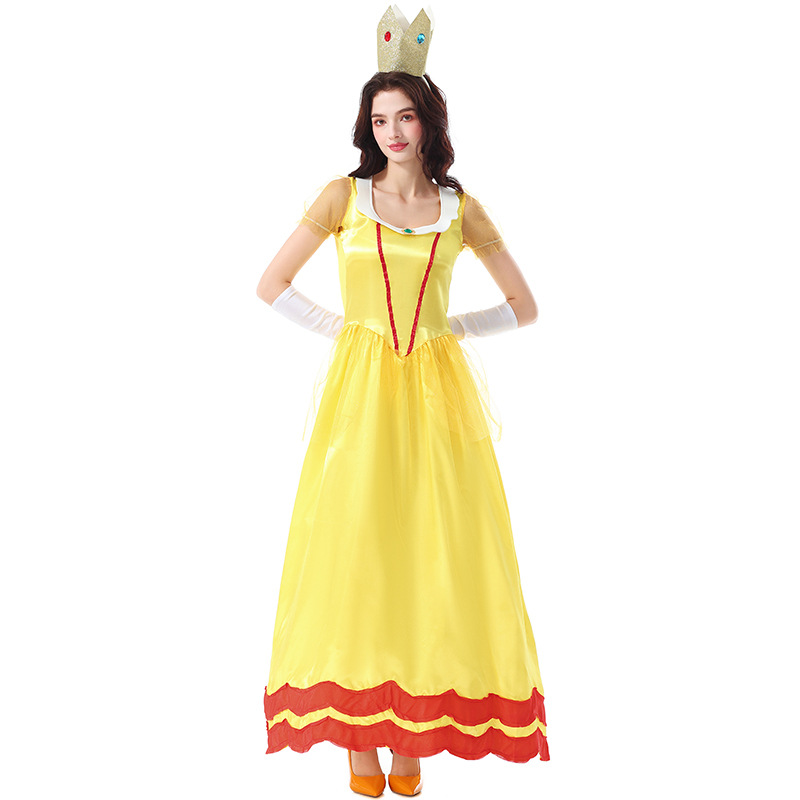 Halloween costume, adult princess dress style, game princess character, yellow satin bud style long dress