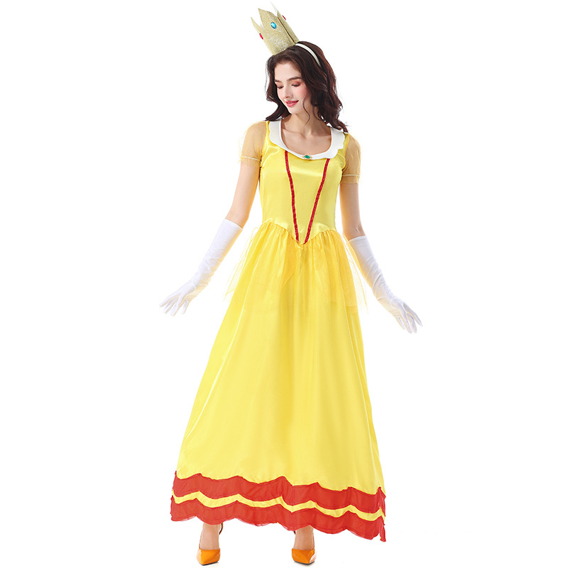 Halloween costume, adult princess dress style, game princess character, yellow satin bud style long dress