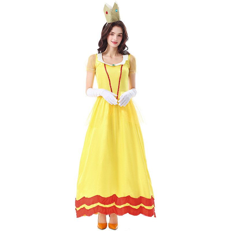 Halloween costume, adult princess dress style, game princess character, yellow satin bud style long dress