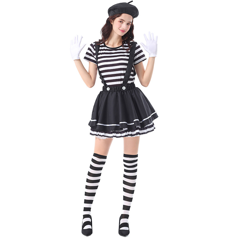 Halloween costume for adults, striped mime clown overalls, tutu skirt, circus burlesque mime costume