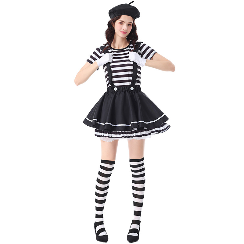 Halloween costume for adults, striped mime clown overalls, tutu skirt, circus burlesque mime costume